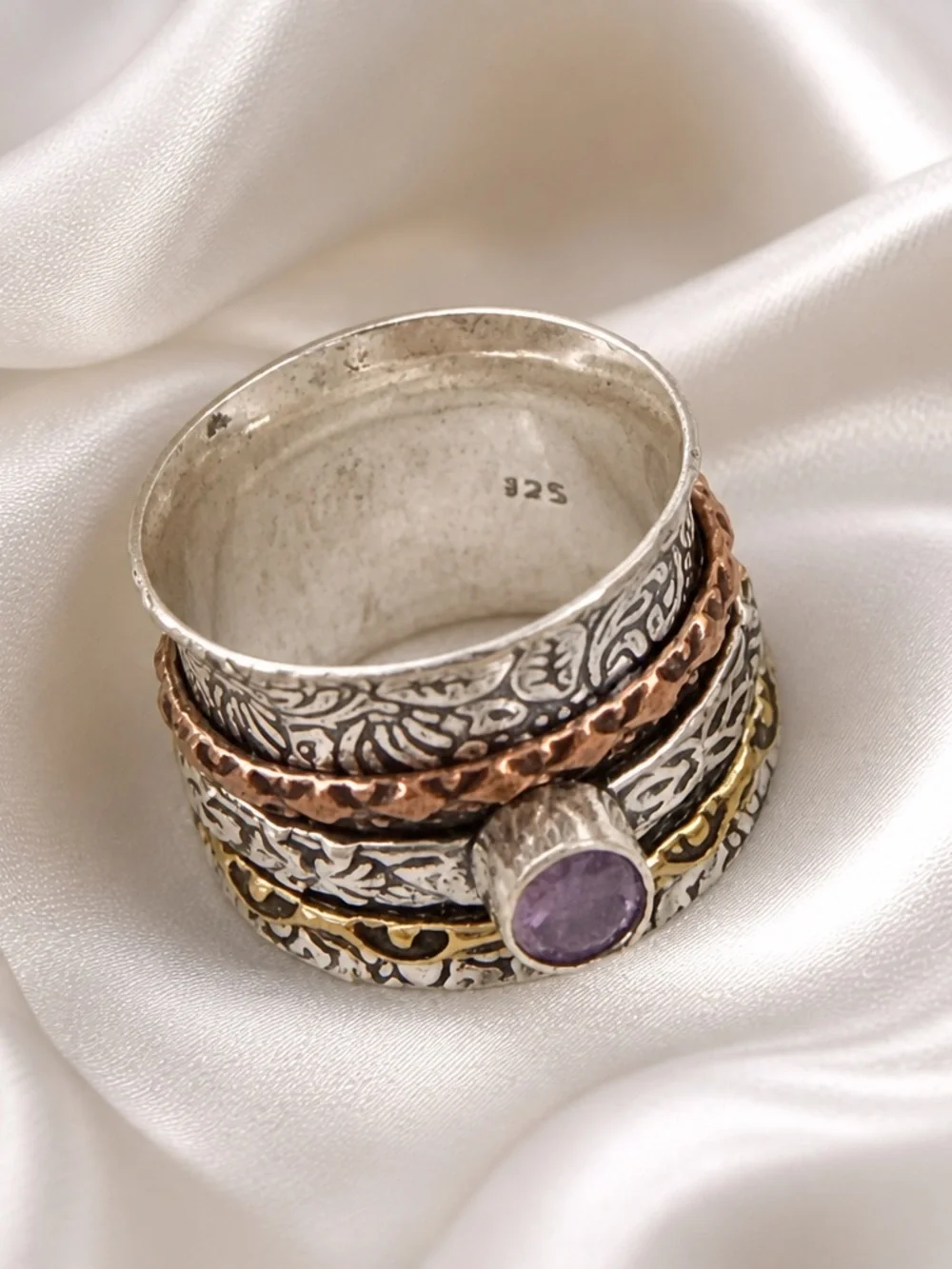 Sz 8 Boho  Silver Spinner Ring with Amethyst Stone and Mixed Metal Accents